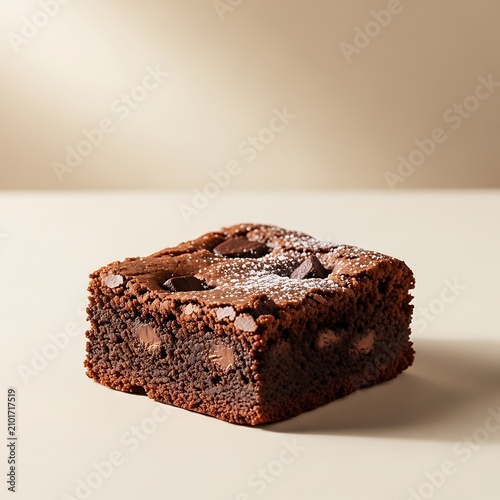 Rich Chocolate Brownie Square with Powdered Sugar on Neutral Table