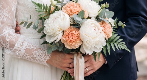 A close up shot of a bride in a lace gown holding an elegant bouquet of white peonies and peach roses with her groom