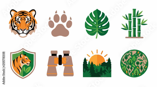 Photography International tiger day set with forest and safari equipment icons