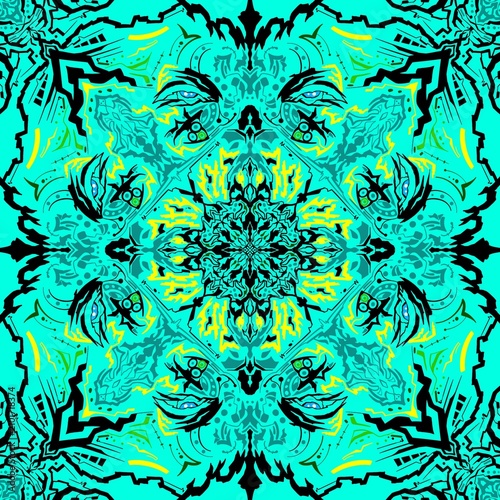 Seamless Arabic-style Talavera tile pattern. A backdrop for design and fashion. Arabic and Indian patterns. Perfect for Ramadan designs.elegant colors , bandana pattern whit black and gold pattern not