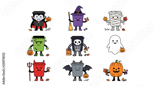 Картината върху платно Halloween Character Collection: A fun and spooky collection of cartoon Halloween characters, including a vampire, witch, mummy, Frankenstein, skeleton, ghost, devil, bat, and pumpkin