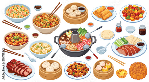 Fotografie Hand drawn Chinese cuisine collection featuring authentic traditional dishes, colorful isolated illustrations for restaurant menus