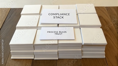 Stacked Blank Cards with Compliance Stack and Process Builds Trust Labels on a Wooden Surface for Business Concept