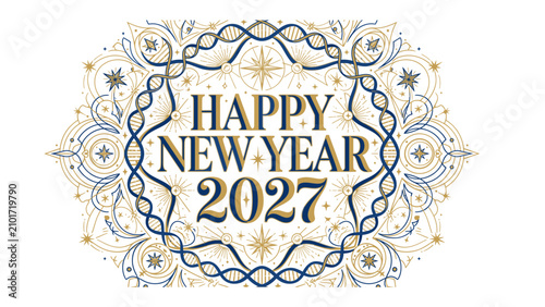 Obraz na plátne Happy New Year 2027 Celebration Art: An elegant and ornate design wishing Happy New Year 2027 adorned with intricate swirling patterns, stars, and a compass rose