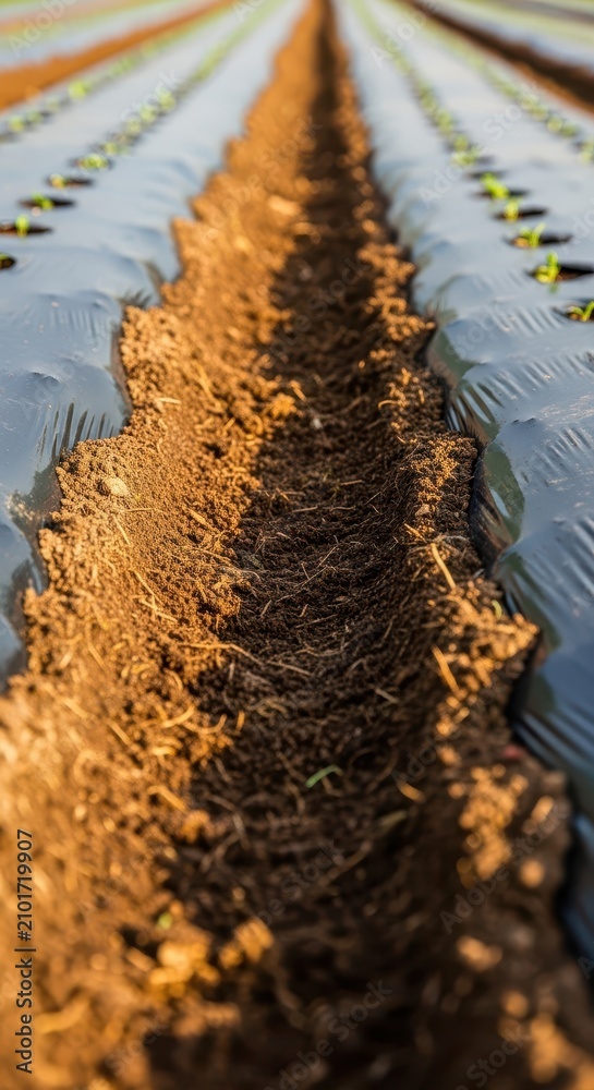 Obraz premium Rows of black plastic mulch laid across fertile soil in a garden bed to maintain moisture and suppress weeds for healthy vegetable growth, landscape, vegetable, growth