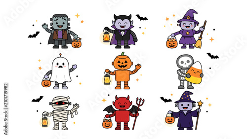 фотографія Halloween Character Collection: A delightful assortment of cartoon Halloween characters, including Frankenstein's monster, a vampire, a witch, a ghost, a pumpkin, a skeleton, a mummy, a devil