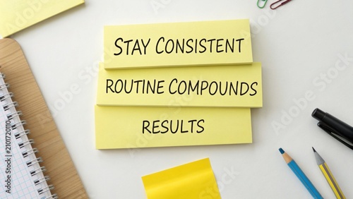 Stay Consistent Routine Compounds Results Inspirational Notes on Yellow Stickers for Motivation and Productivity Enhancement