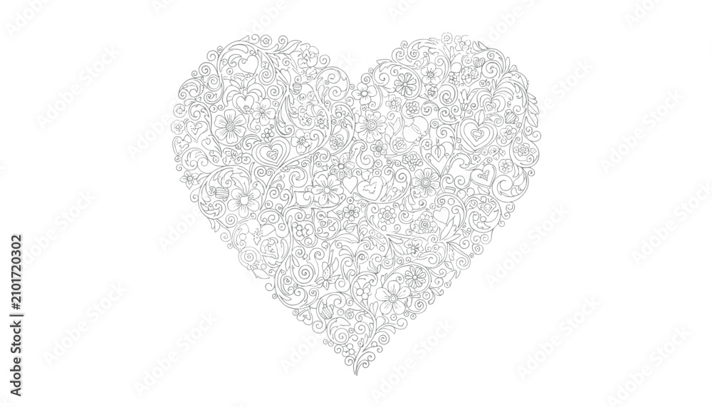 Fototapeta premium Intricate heart silhouette meticulously crafted from elegant filigree swirls and flowers is presented in detailed line art.