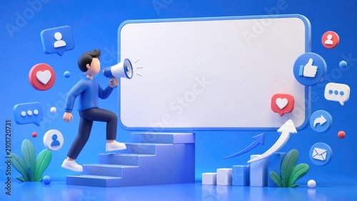 Man Climbing Stairs With Megaphone For Social Media Growth