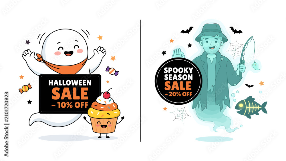 Fototapeta premium Halloween Sale Bundle: A playful ghost holding a Halloween Sale sign with a cupcake and candies, alongside a spooky ghost fisherman promoting a Spooky Season Sale with a skeleton fish.