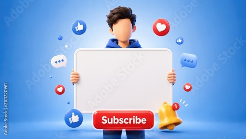 Young Man Holding Blank Sign with Social Media Icons