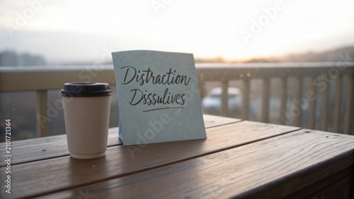 Stylish coffee cup beside a note that reads 