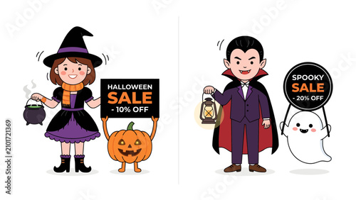 Photography Halloween Sale Duo: A playful witch with a cauldron and a spooky vampire with a lantern, alongside a pumpkin and a cheerful ghost, advertise Halloween sales with festive signs