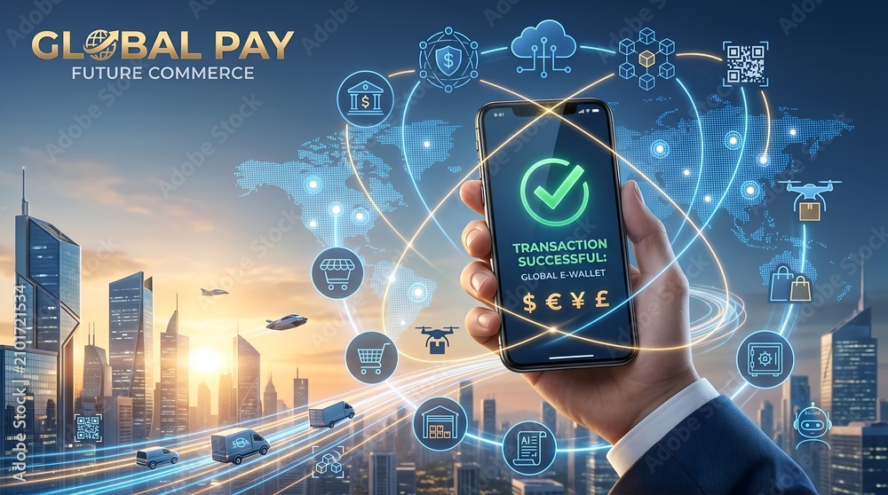 Obraz premium Digital wallet fintech application showing successful global payment transaction on smartphone against futuristic smart city background