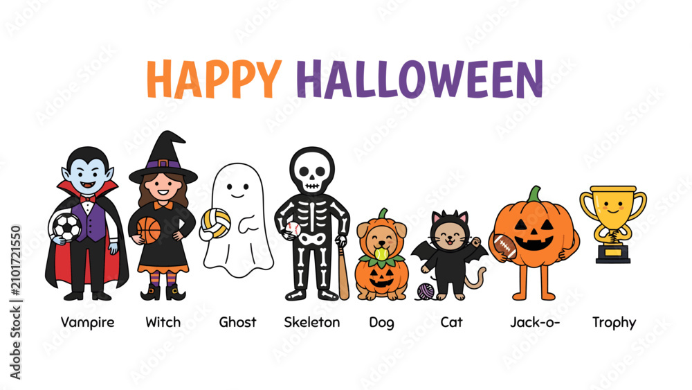 Fototapeta premium Happy Halloween Cartoon Characters: A whimsical collection of cartoon characters including a vampire, witch, ghost, skeleton, dog, cat, jack-o'-lantern, and trophy.