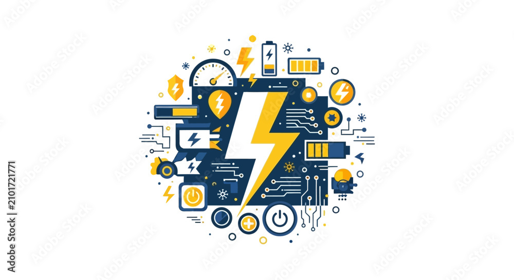 Fototapeta premium Energy and Battery Technology Concept Illustration with Lightning Bolt and Circuit Icons