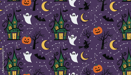 Spooky seamless Halloween pattern with green haunted houses, scary ghosts, bats, pumpkins, and witches on purple.