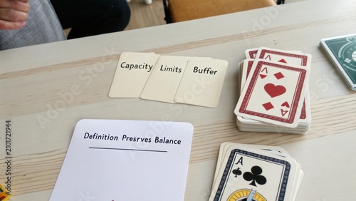 Tabletop Game Elements with Playing Cards, Definition Cards, and Strategies for Fun and Engagement in Group Activities