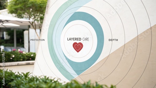 Visual Representation of Layered Care Concept with Heart Symbol and Text on Urban Wall Displaying Depth and Protection Ideas