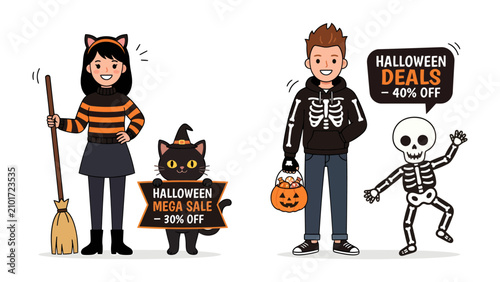 Valokuva Spooky Season Sale: Adorable cartoon characters, including a witch and a skeleton, promote a Halloween mega sale with enticing discounts