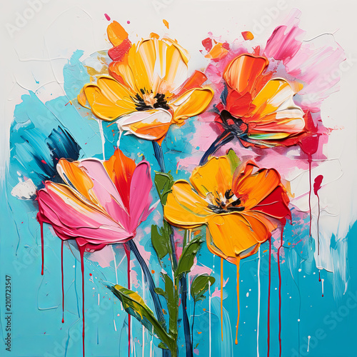 Colorful abstract flowers with bold paint strokes