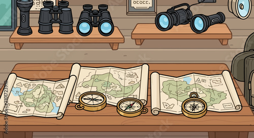 Vintage maps and compasses on a wooden table for exploration.
