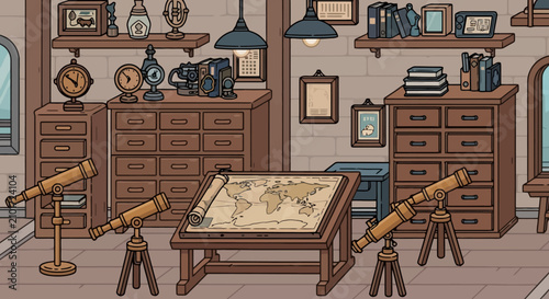 Vintage nautical study with telescopes and map table.
