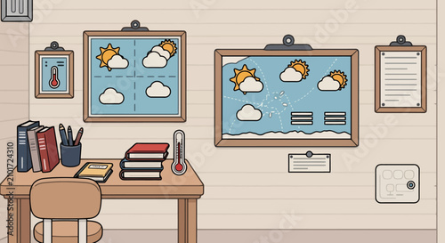 Weather forecast display with various weather conditions and a thermometer.