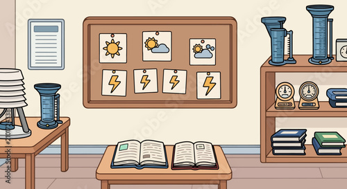 Weather station with bulletin board displaying weather conditions and lightning bolts.