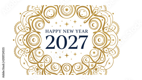 Canvastavla New Year 2027 Celebration: A festive and ornate design wishing a Happy New Year for 2027, adorned with celestial motifs and intricate golden swirls