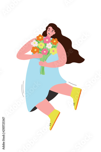 Flat illustration with a cheerful, caring woman with long hair in a dress with a bouquet of flowers. Vector graphics.