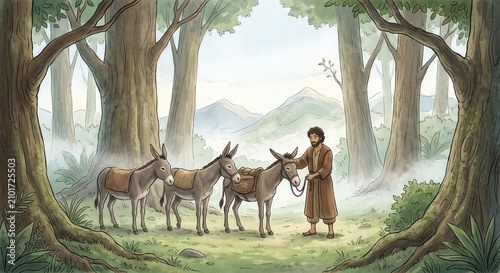 Man Leading Donkeys in Forest