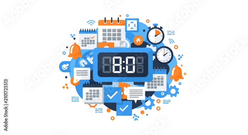 Time Management and Productivity Concept Illustration featuring Digital Clock, Calendars, Stopwatch, and Planning Icons for Business and Organization