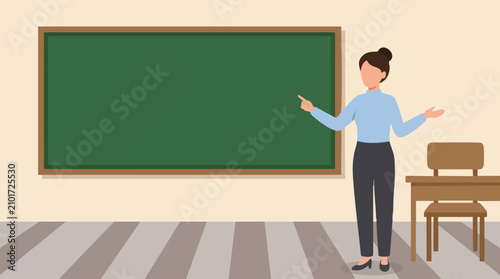 Female teacher explaining lesson in a classroom with green chalkboard