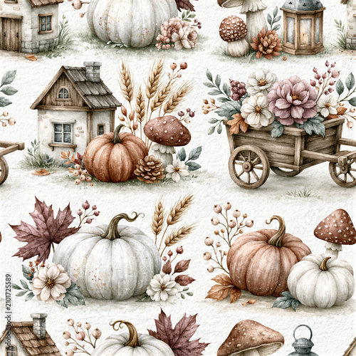 A premium collection of seamless watercolor autumn patterns featuring pumpkins, woodland animals, apples, pies, florals, rustic wagons, farm décor, harvest baskets, autumn leaves, and cozy seasonal el