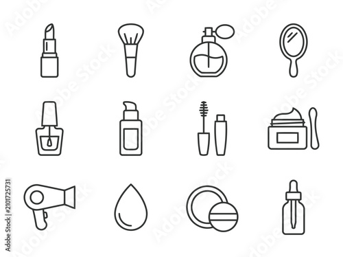 Modern beauty and cosmetics outline icon collection with makeup, skincare, perfume and personal care symbols