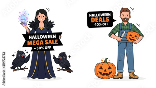 Valokuva Halloween Sale Promotion: A spooky duo featuring a mystical woman with magic and two ravens, and a cheerful farmer holding a pumpkin, promote a Halloween mega sale with enticing discounts
