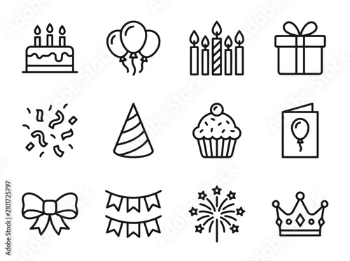 Modern birthday and party celebration outline icon collection with cake, balloons, candles and festive decoration symbols