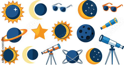 Konstfotografi Solar and Lunar Eclipse Vector Icon Set Featuring Moon Phases, Telescopes, Sungl