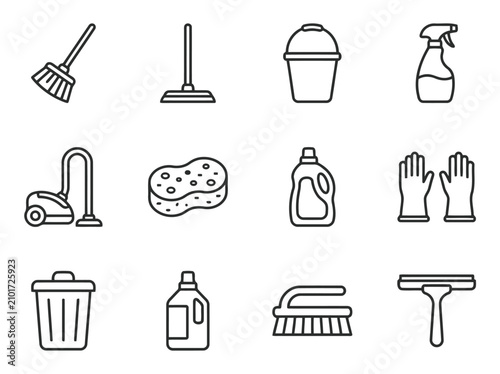 Modern cleaning and housekeeping outline icon collection with broom, mop, vacuum, detergent and sanitation symbols