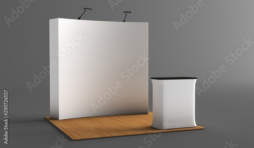 Trade stand mockup. Blank exhibit stand mockup, fair stand. Blank indoor exhibition with work paths. Blank trade exhibition booth system stand.