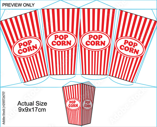 Popcorn box dieline template packaging blueprint layout with red white stripes classic movie theater snack container vector