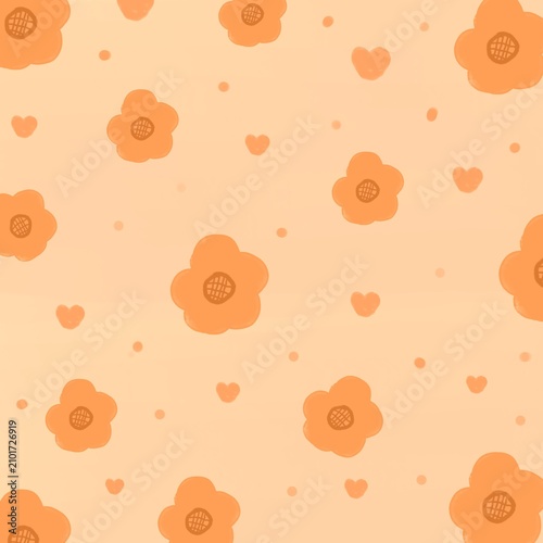 Soft peach background with blooming flowers. Tiny hearts float between blossoms gently. Warm tones evoke calm, cozy, and gentle feelings. Perfect for baby products, stationery, or pastel design