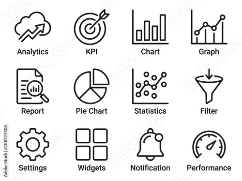Business Analytics Dashboard Line Icons Vector Set
