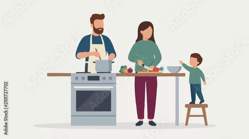 Tableau sur toile Family cooking together in a kitchen, preparing a healthy meal