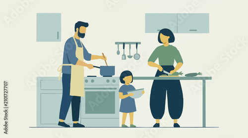 Φωτογραφία Flat illustration of a family cooking and preparing food in a kitchen
