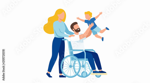 Happy family with disabled father in wheelchair playing with child, illustration