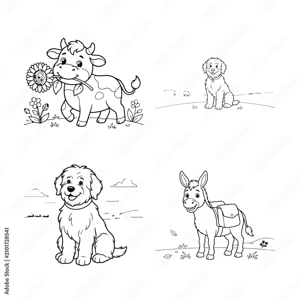 Obraz premium Cute cartoon animals with flowers in hand-drawn style. Adorable pets and wildlife illustrations for children's design projects.
