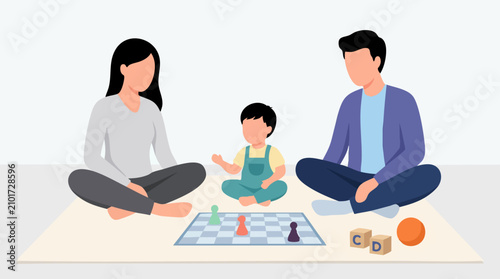 Fotografija Illustration of a family with a child playing a board game on a mat