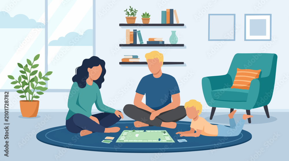 Fototapeta premium Happy family playing board game together on the floor at home